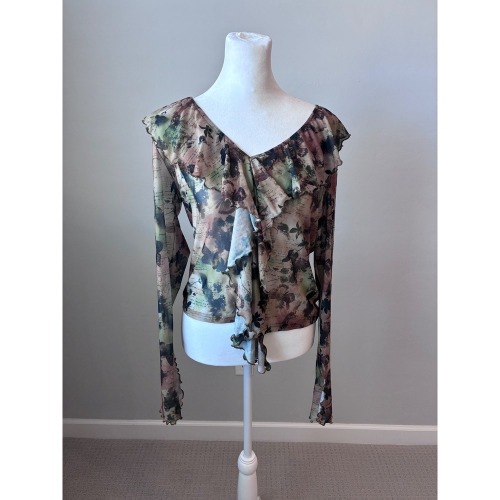 Y2K Dazy Brown Floral Butterfly Print Ruffle Trim Sheer‎ Mesh Long Sleeve Top XL